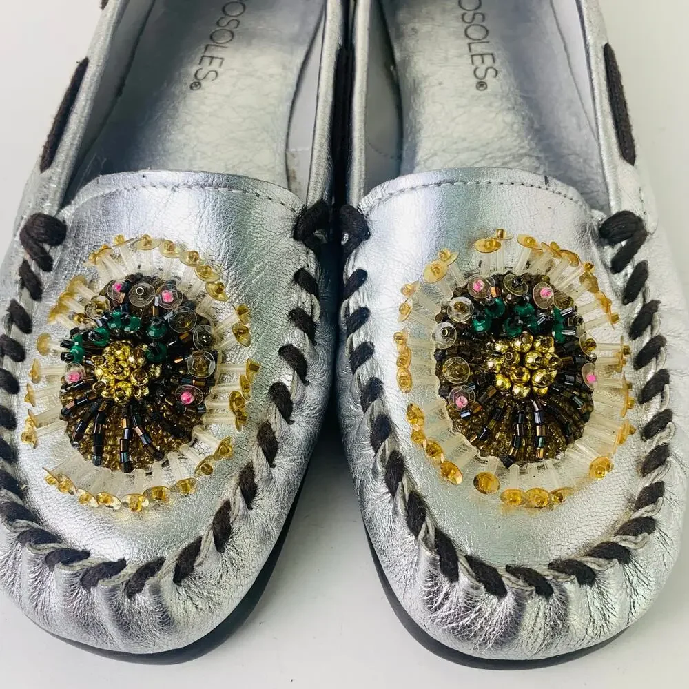 Aerosoles Jamboline Silver Leather Beaded Loafers Womens 6B Comfort Flats